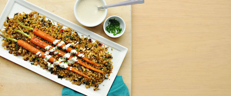 Savory Mushroom Millet Medley with Roasted Carrots and Tahini Sauce